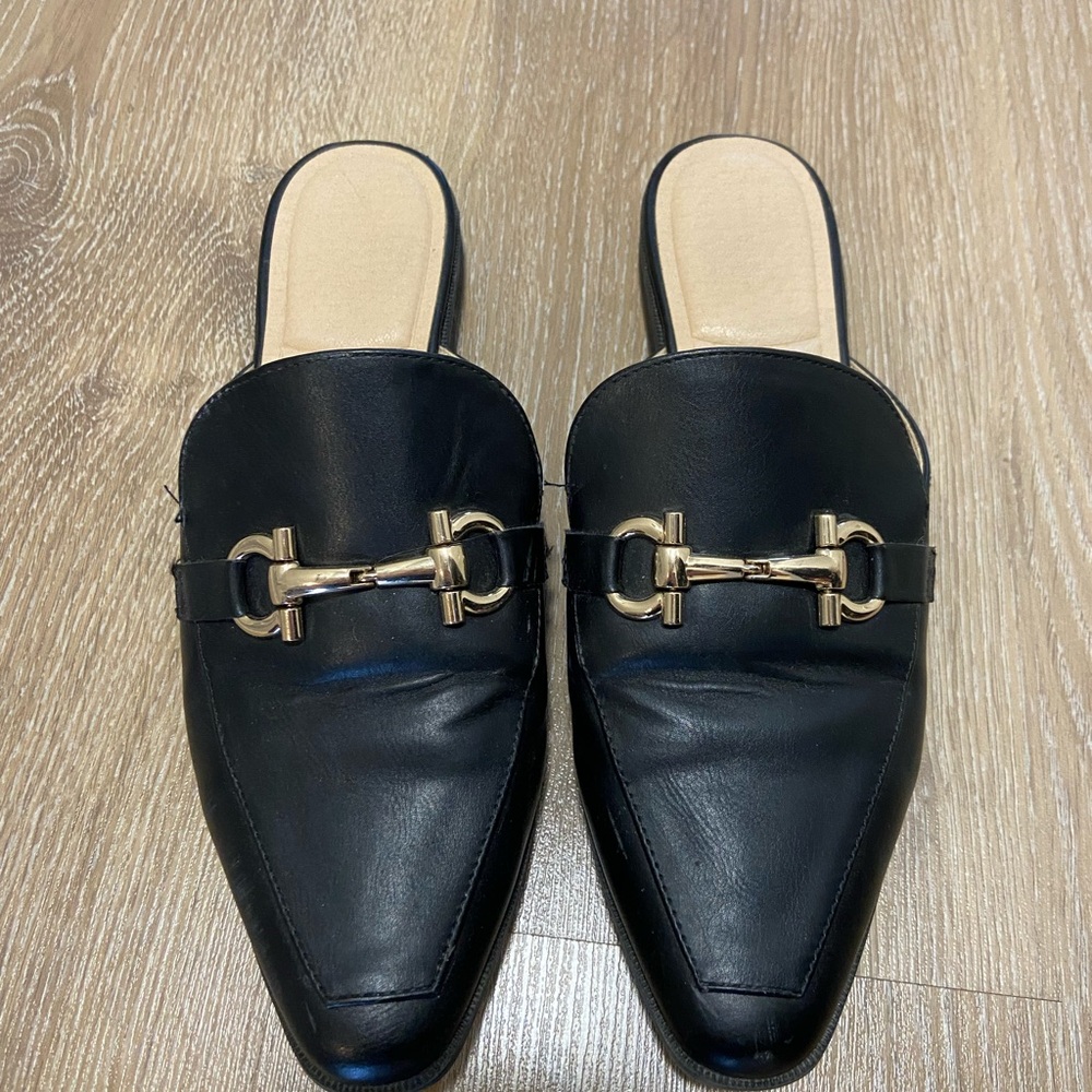 Black Leather Mules with Gold Accents